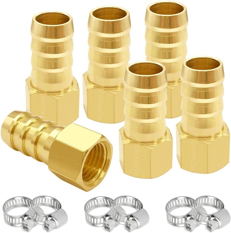 Uenede 6PCS Brass Hose Barb Fittings 1/4" NPT Female to 1/2" Barb Adapter Connector Include 6 Stainless Steel Clamps for Water/Oil/Gas - Image 1